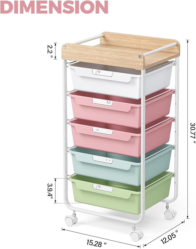 APEXCHASER Plastic Drawer Organizers with 5 Deep Drawers, Rolling Utility Cart with Wooden Top,Craft Storage Cart for Paperwork,Crafts,Snack,Kids’ Room,Nursery,Colorful