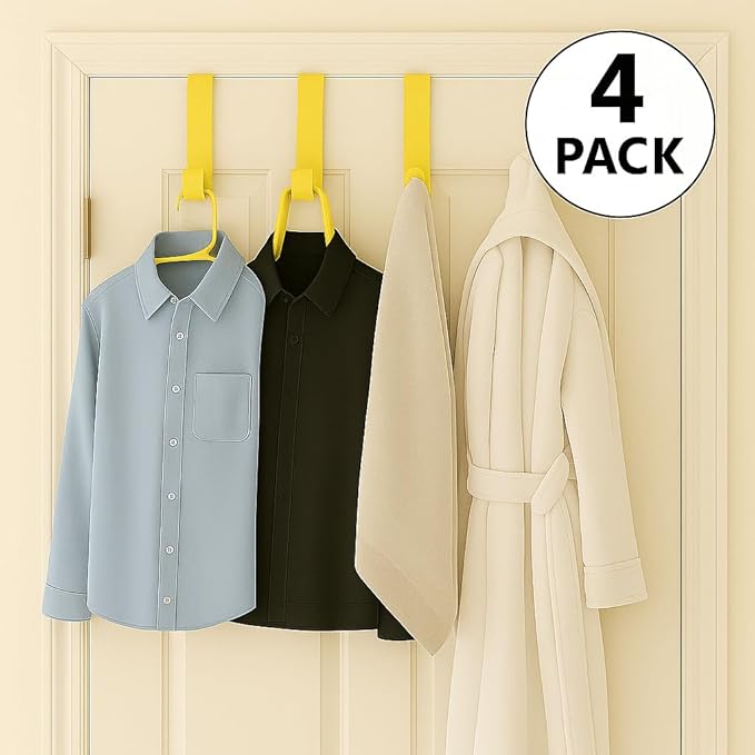 Dependable Industries Over-The-Door Hanger Hook Set 4-Pack of 4.5 in. Plastic Over-The-Door Hangers & Over-The-Door Hooks – Over-Door Hooks for Hanging Clothes & Towels (Yellow)