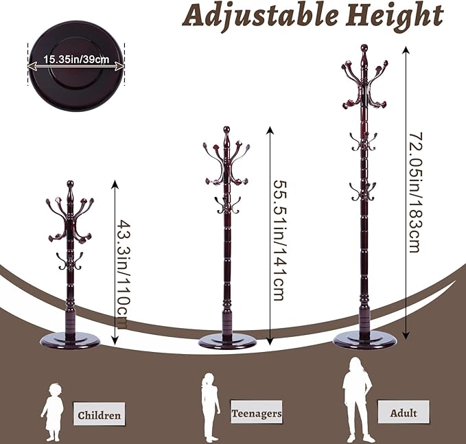 Wooden Coat Rack Freestanding with Resin Hooks, Adjustable Heavy Duty Stand for Hanging Coats, Bags, Hats, and Umbrellas in Living Room, Bedroom, Entryway (Rosewood-Ruyi Hook)