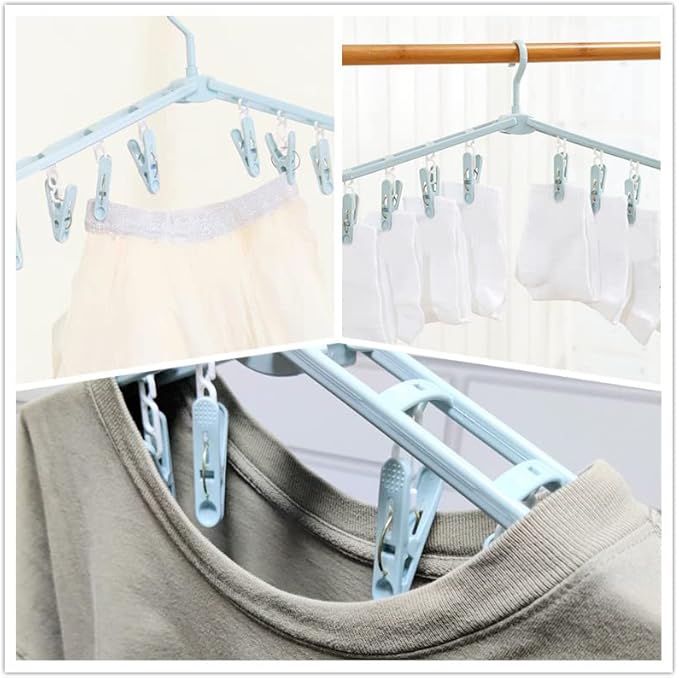 Folding Travel Shirt Socks Clothes Hangers with Clips Foldable Plastic Shorts Skirt Pants Suit Hangers Non Slip Closet Blue Drying Rack Displays Blue (2 Pack)