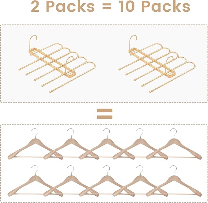 Pants Hangers Space Saving,Closet Hangers 5 Layers 2 Uses Multi Functional Pants Rack,Metal Heavy Duty Wardrobe Organizer Racks for Clothes Trousers Scarves Ties (2Pack Gold)
