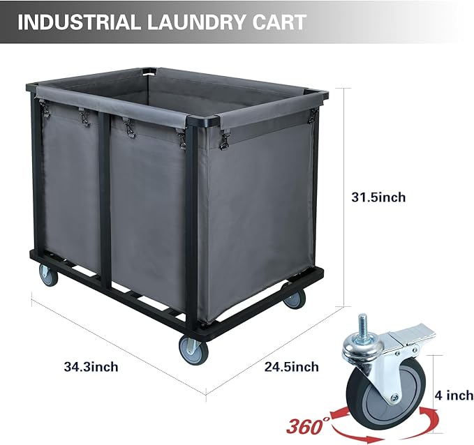 Commercial Laundry Cart with Wheels,600 lbs Commercial Laundry Hamper with Steel Frame and Oxford Cloth Bag,Industrial Laundry Cart for Hotel,Laundry Room 400L(Gray)