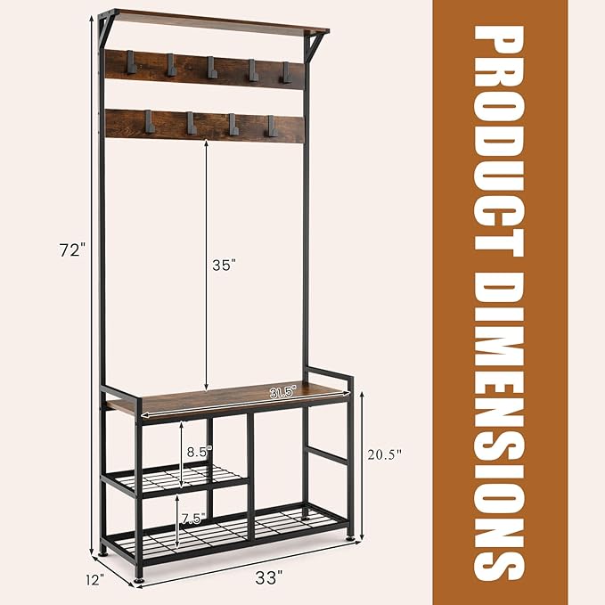 S AFSTAR 3-in-1 Storage Benches Coat Rack with Storage Shelf & 9 Movable Hooks, Industrial Hall Tree with Shoe Bench, Anti-Tipping Device, Shoe and Coat Rack for Entryway Living Room Bedroom, Brown