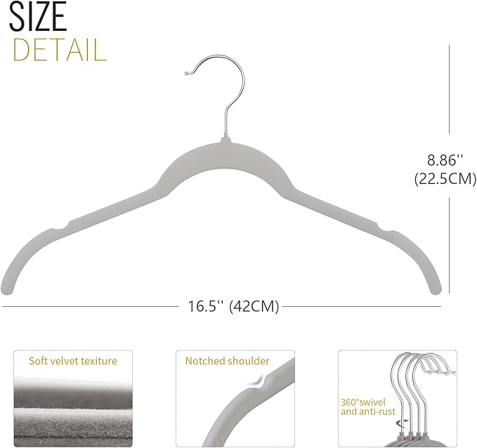 ManGotree 50 Pack Velvet Shirt Hangers for Women, 16.5'' Suit Hangers with 360° Swivel Hook, Non-Slip Coat Clothes Hanger for Tank Top, Shirts, Dress, Blouses, Strappy Dresses (Grey)