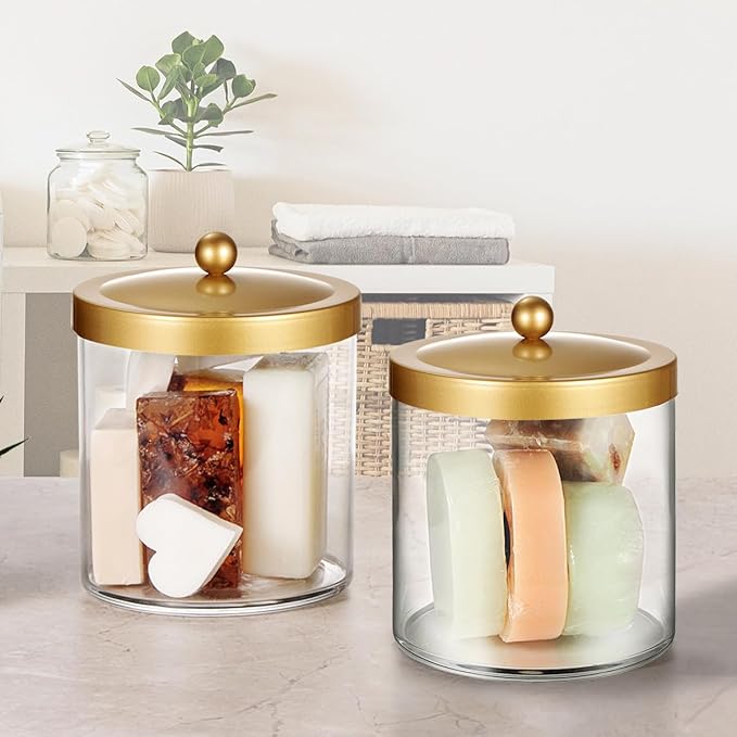 2 Pack 50 Ounce Large Clear Apothecary Jar with Gold Rust-Proof Lid - Shatterproof Plastic Storage Canister - Modern Luxury Bathroom Vanity & Laundry Room Organizer for Pods, Bath Salts