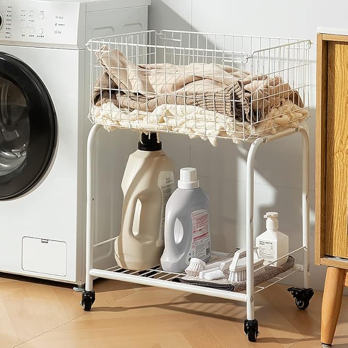 HENNZE--Basket for garments storage,easy moved with wheels have brake,wire luandry basket visable storage space, white ,rolling laundry basket