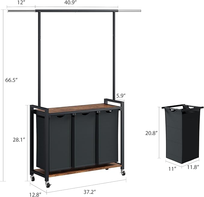 IDEALHOUSE Laundry Sorter 3 Section with Hanging Rack,Rolling Laundry Sorter Hamper with Shelf & Lockable Wheels,Laundry Basket Organizer for Laundry Room, Bedroom, Bathroom