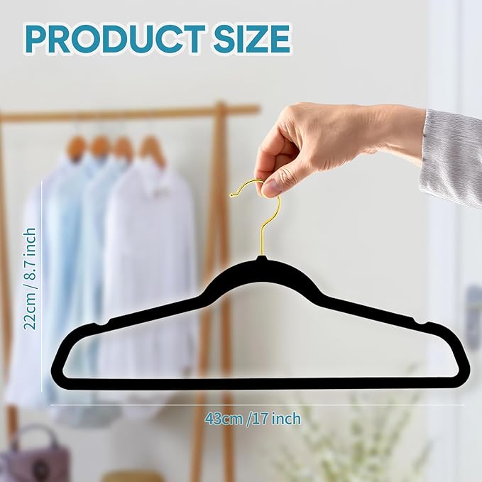 UNEED Black Velvet Hangers with Golden Hooks, 22 Pack - Ultra Thin Space Saving, Non-Slip Clothes Hangers for All Clothing, Dorm & Closet Organization (Heavy Duty, Anti-Scratch,360° Protection)