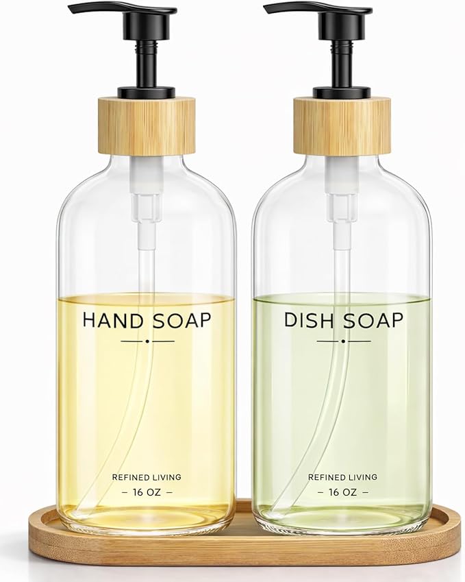 Hand and Dish Soap Dispenser Set,16oz Glass Bottles with Printed Labels, Bamboo Tray & Pump,Countertop Soap Dispensers for Kitchen,Luxury, Minimalist & Farmhouse Decor (Hand Dish (Transparent))