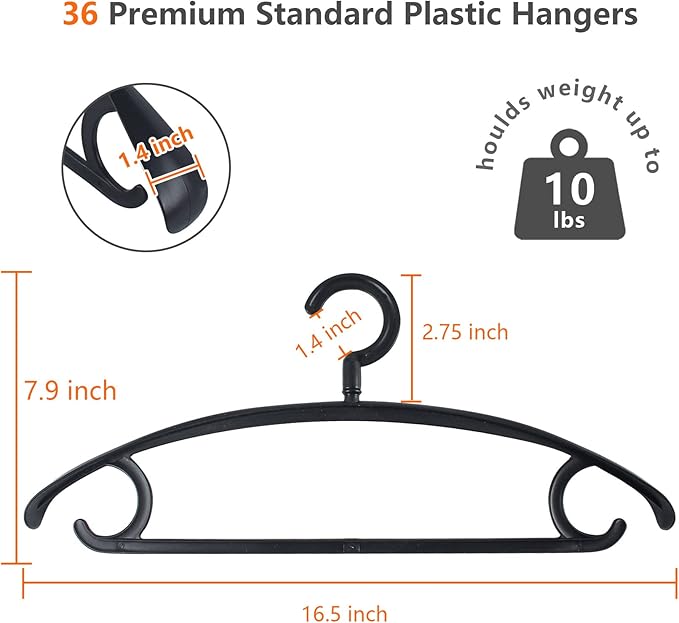 DEDU Plastic Clothes Hangers 36 Pack, Extra Thick Wide Shoulder Coat Hangers with 360° Swivel Hook Non Slip, Sweater Hangers Suit Hanger for Suits, Sweater, Dresses, Pants (Black)