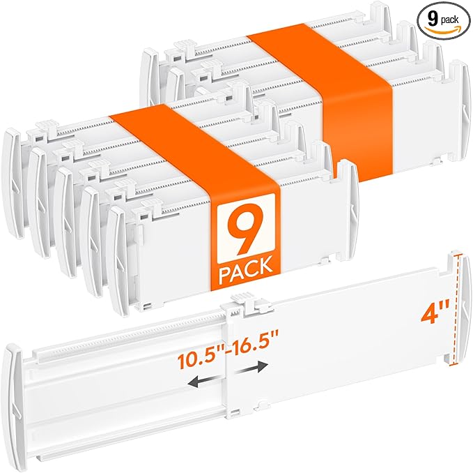 Lifewit 4" Tall 9 Pack Drawer Dividers, 27-42cm/10.5-16.5" Expandable Drawer Divider for Clothes, Adjustable Dresser Drawer Organizers, Drawers Separators for Dresser/Bathroom/Closet/Kitchen White