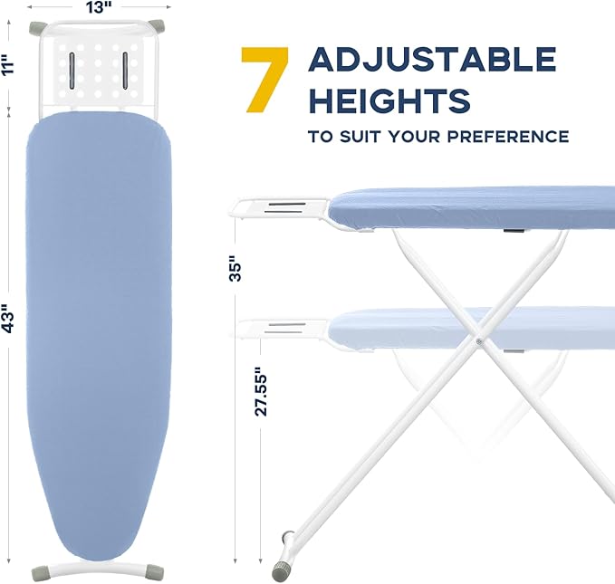 Ironing Board, 43x13 Full Size Iron Board with Iron Rest, Heavy Duty Compact Ironing Board with Thick Cover and Pad, Height Adjustable Sturdy Iron Stand, Blue