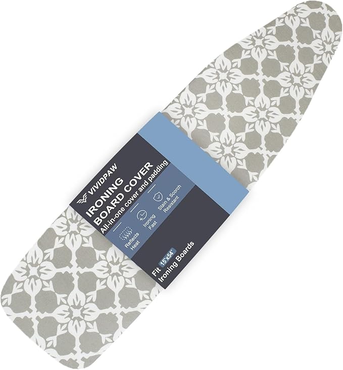 Ironing Board Cover and Pad, Thick Padding, Elastic Edge, Silicone Coated, Resist Scorching, Adjustable Fastener, Heavy Duty Padded Iron Board Covers (Floral Tiling, 15" x 54")