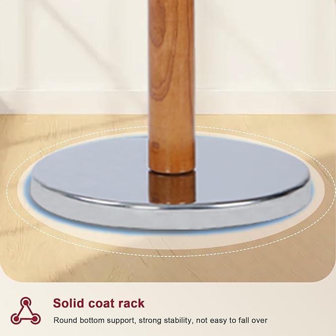 Wood Coat Rack Freestanding with 11 Hooks, 67 Inches Adjustable Height Coat Rack Stand, Vintage Hall Tree Coat Racks with Stable Round Base for Entryway, Bedroom (Solid Wood Metal Hook)