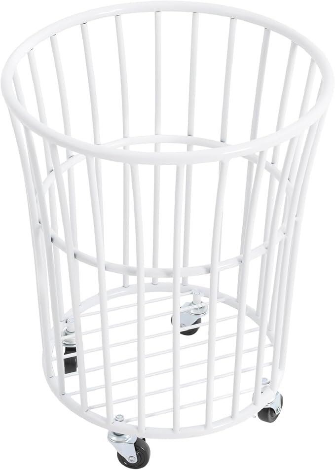 Rolling Laundry Basket Cart, Metal Laundry Hamper with Wheels, Laundry Organizer Basket Cart, Clothes Storage Organizer Hamper for Living Room,Bathroom,Closet (White, Round Barrel Shape)