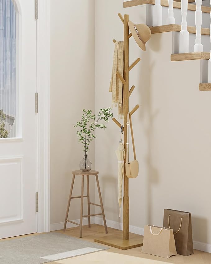 Yawinhe Coat Rack, Sturdy Wooden Coat Tree with 8 Hooks, 3 Adjustable Height for Bedroom, Hallway, Entrance, Office, 11.8 x 70.8 inches, Natural, 1-Pack, Square Base
