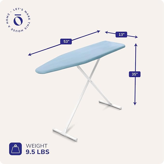HOMZ Ironing Board, Folding Compact Table with Foam Pad and Cotton Cover, Light Blue - Portable Iron Machine Stand for Pressing Clothes - Ideal for Home, Dorm, and Laundry Room