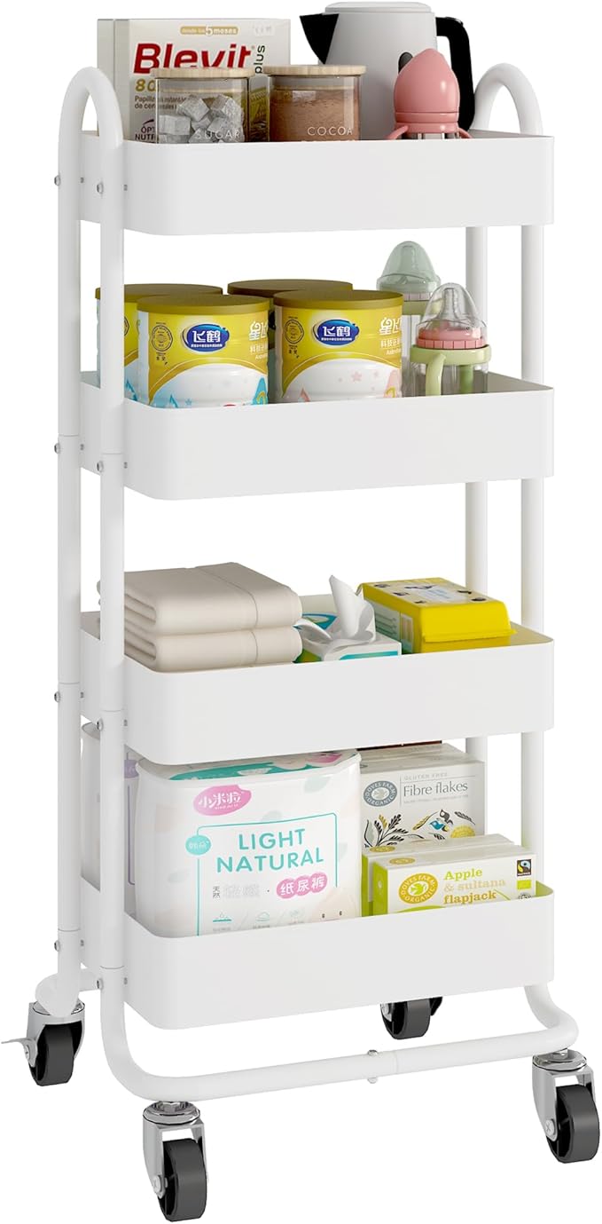 4-Tier White Rolling Cart,Metal Utility Rolling Cart with Handle,Steel Multifunction Rolling Carts with Wheels,Kitchen Storage Carts Suitable for Office,Home,Kitchen,Garden(13.4"x18.1"x40") White