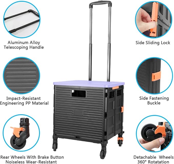 FELICON SELORSS Foldable Utility Cart Folding Portable Rolling Crate Handcart with Heavy Duty Telescoping Handle Collapsible 4 Rotate Wheels for Travel Shopping Move Luggage Office Use(Black+Purple)