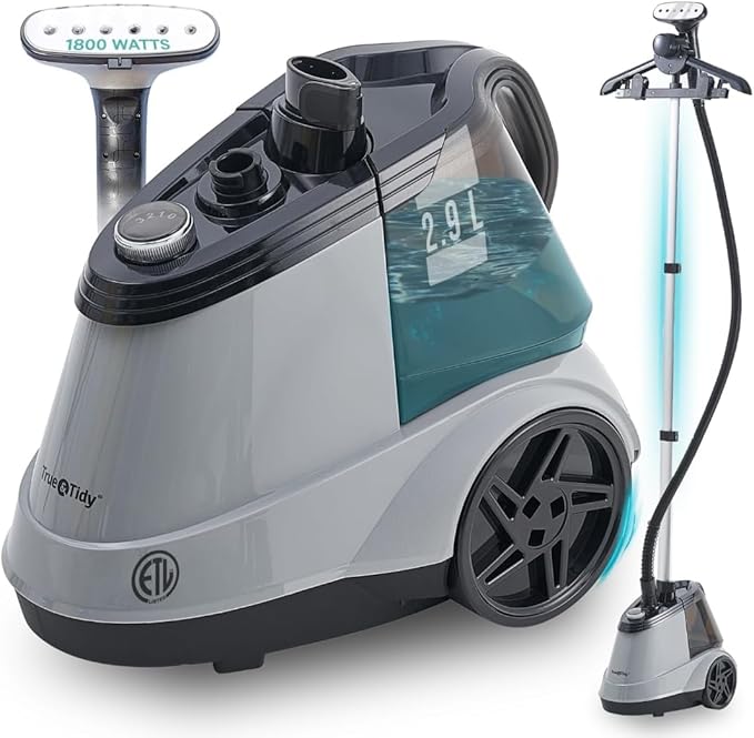 True & Tidy® Commercial Standing Clothes Steamer, Heavy Duty with 90+ mins of Steam Time, For Home and Commercial Use, 1800 watts of Powerful Steam, Wheels for Easy Movement, 3 Steam Settings (Gray) (Renewed)