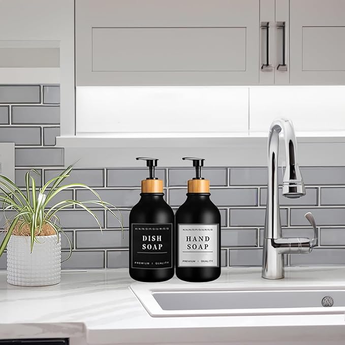 2PACK 16.9Oz Soap Dispenser Bottle, Bamboo Lid Soap Bottle with Anti-Rust Pump, Hand Dish Soap Dispenser for Kitchen, Shampoo Lotion Black Soap Dispensers for Bathroom