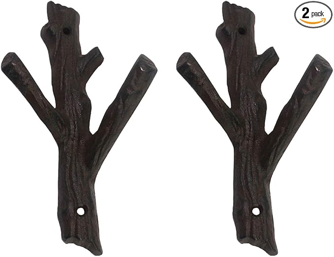 Ogrmar 2 Pcs Decorative Branch Cast Iron Wall Hooks/Hanger/Heavy Duty Home Storage Rack (Brown)