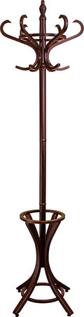 8000 Floor Standing Hat and Coat Rack with Umbrella Stand, Wood with brown Paint Finish