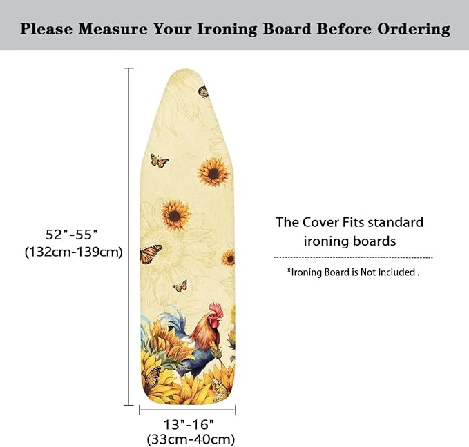 Rooster Chicken Sunflower Iron Pad Covers Standard Boards Stain & Scorch Resistant Soft Fabric Iron Board Replacement Cover for 15" x 54" Ironing Board Thanksgiving Decor