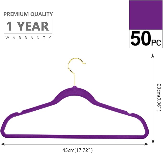 MIZGI Premium Velvet Hangers Pack 50 Pcs Heavyduty - Non Slip Slimline - Velvet Suit Hangers Dark Purple - Gold Hooks,Space Saving Clothes Hanger