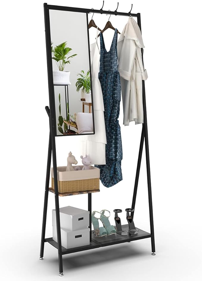 CHANCEE Coat Rack with Mirror – Freestanding Garment Rack with Shelf, Aluminum Hanger Stand with Shoe Storage, Multifunctional Clothes Rack for Bedroom, Entryway & Living Room, Rustic Brown/Black