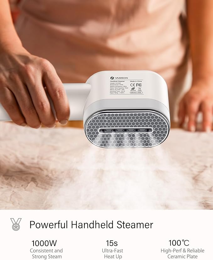 VASSON Steamer for Clothes, Handheld Clothes Steamer, 1000W Portable Fabric Steamer, 15-Second Ultra-Fast Heat Up, Ceramic Heating Steam, for Home Use and Travel