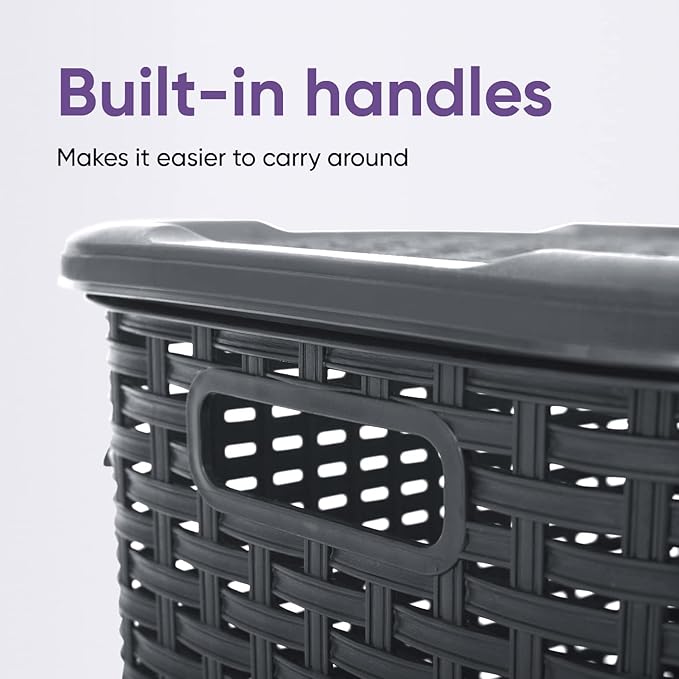 Plastic Laundry Hamper with Lid 3 Pack Laundry Hamper Basket, Grey Tall Cloths Hamper Organizer with Cut-out Handles. Space Saving for Laundry Room Bedroom Bathroom, Wicker Design 60 Liter