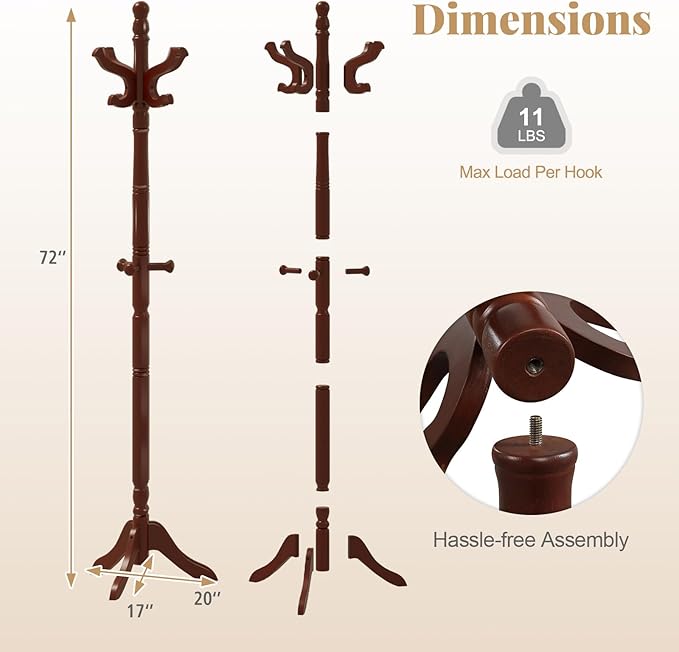 Tangkula Coat Rack Freestanding, Solid Rubber Wood Coat Tree with 11 Hooks and 3 Height Options for Coats, Hats, Bags, Purses, Clothes, Hanger Stand for Entryway Hallway Bedroom Office (Reddish Brown)