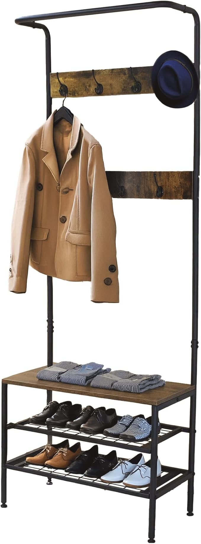 Amig - Lukïen Standing Coat Rack with Shoe Rack - Industrial Style Bench - 183 x 66 x 32.5 cm - Metal and Wood - Black and Brown - Donkey for Hallway or Entrance Rustic Style