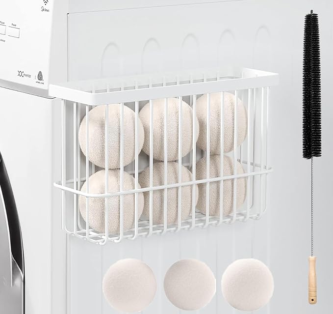 Magnetic Dryer Ball Holder and Laundry Organizer - Magnetic Lint Container For Dryer and Laundry Room with Strong Magnets, Dryer Ball Container ( 3 Wool Balls) (white)