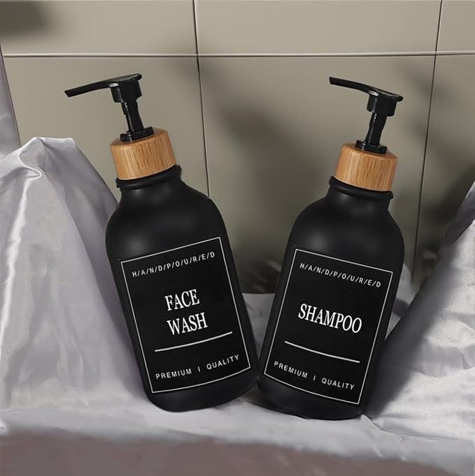 4PACK 16.9Oz Soap Dispenser Bottle, Bamboo Lid Soap Bottle with Anti-Rust Pump, Hand Dish Soap Dispensers for Kitchen, Shampoo Lotion Black Soap Dispenser for Bathroom