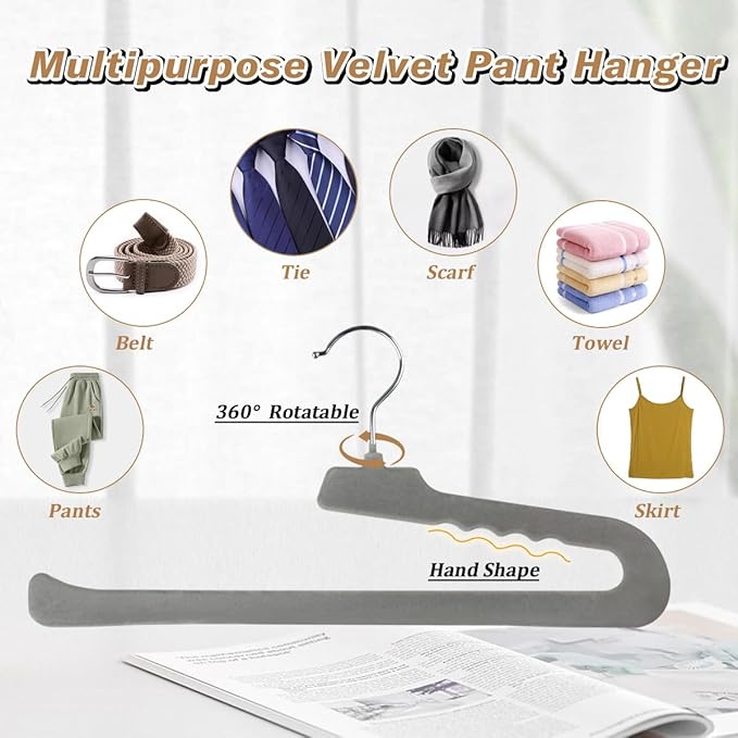 Velvet Pant Hangers Open End, 8 Pack Non Slip Non Crease Felt Slack/Jeans Trouser Hangers,Slim & Sleek Heavy Duty Space Saving Closet Hanger with 360° Swivel Hook (Gray)
