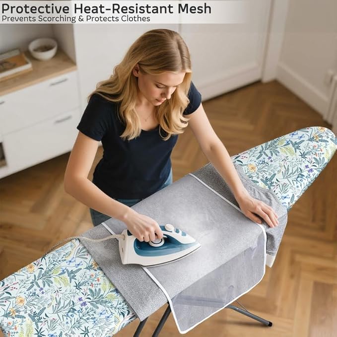 FIOBEE Ironing Board Cover and Pad Extra Thick Iron Board Pad with Heat-Resistant Mesh Padded Iron Board Covers Adjustable Buckle & Elastic Edges for 15x54 Standard Size Ironing Board, Grey Flower