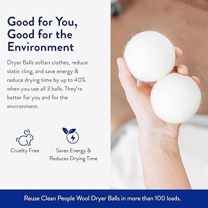 The Clean People 100% New Zealand Wool Dryer Balls - 3 Pack - for Laundry, Fabric Softening, Anti Static, No Lint, Odorless and Reusable