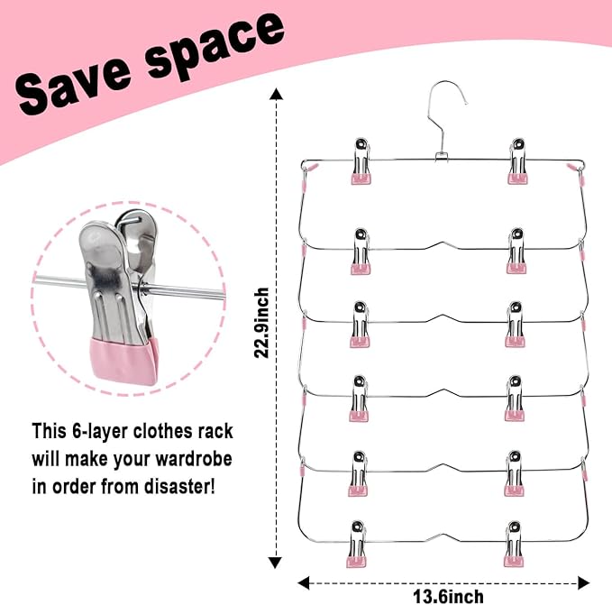 Skirt Pants Hangers with Clips，6Tier Skirt Hangers Space Saving,Metal,Non Slip Closet Organizer and Storage Multi Clothes Shorts Hanger Organization(2, Pink)