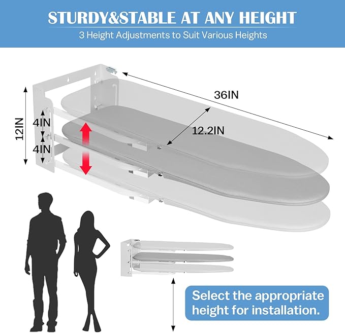 Wall Mounted Ironing Board Adjustable Height, 36 x 12 Inch Fold Away Iron Board Wall Mount Space-Saving Ironing Board with Removable Heat Resistant Cover for Small Spaces Home Laundry Room