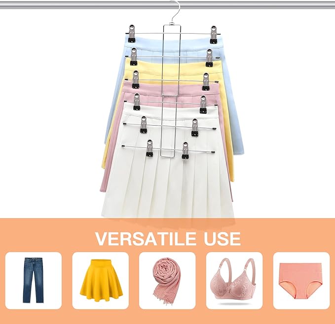 Closet Organizers and Storage, 6 Tier Storage and Organization Pants Hangers Space Saving, Metal Skirt Hangers with Adjustable Clip, 360° Swivel Hook, Dorm Room Essentials for College Students Girls