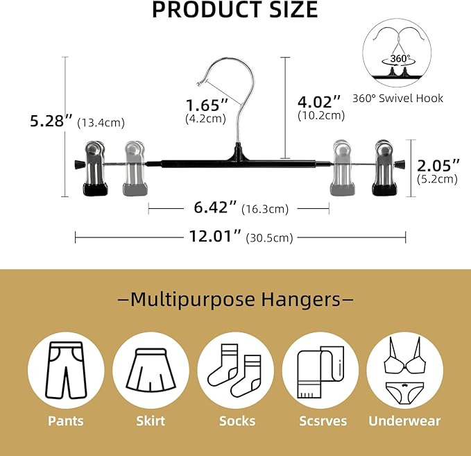 30 Pack Pants Hangers with Clips, 12 Inch Adjustable Skirt Hangers, Space Saving Non-Slip Clip Hangers with 360° Swivel Hook for Jeans, Shorts, Socks, Scarves