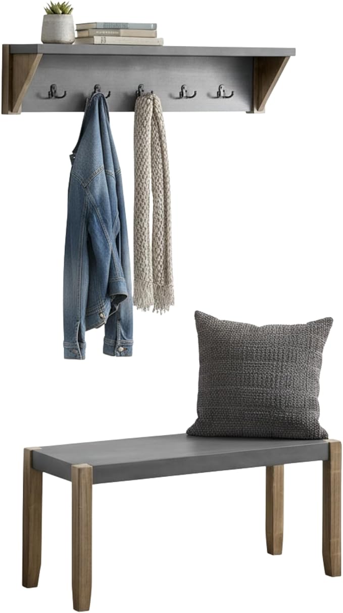 Alaterre Furniture Newport 40" Coat Hook with Shelf and Faux Concrete Bench Set