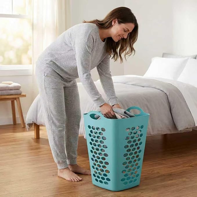 (2 Pack) 2 Bushel Square Laundry Hamper, Teal Lightweight Plastic Tall Laundry Basket with Handles, Ventilation Design for Bedroom, Bathroom, Laundry Room, College Dorm.