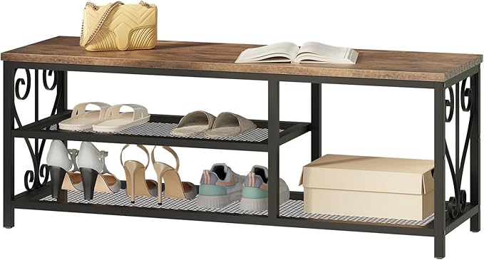 Entryway Storage Bench with Shoe Rack, 47.2" Wide Hallway Bench with Seating, Rustic Wood Top & Metal Frame, 2-Tier Shoe Organizer for Entryway, Bedroom, or Living Room, Brown