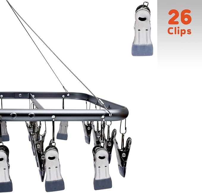 Aluminum Alloy Clothes Drying Hanger with 26 Clips, for Drying Socks, Baby Clothes, Bras, Towel, Underwear, Hat, Scarf,Gloves and Small Items，Matte Grey