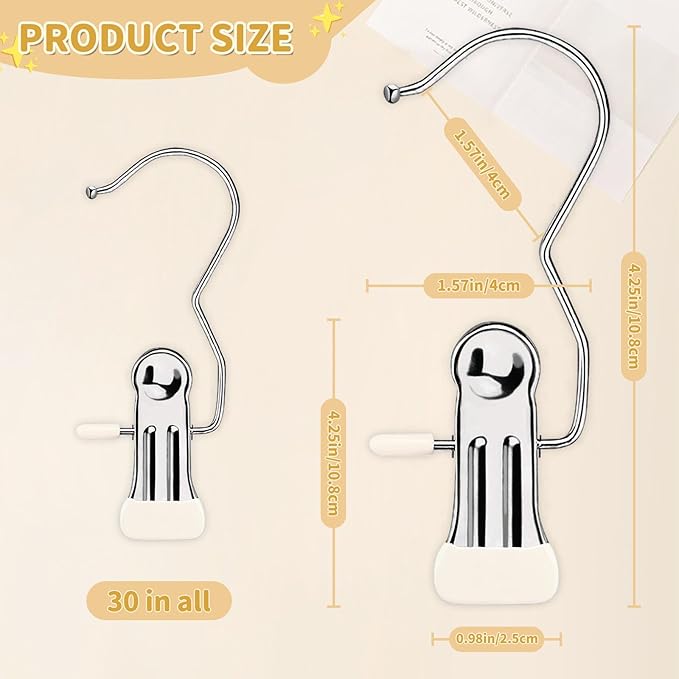 30 Pieces Boot Hanger Clips with Hook, Multifunctional Stainless Steel Clothes Pins, Space Saving Single Hanging Clips for Closet Pants Hats Socks Gloves Towels, White
