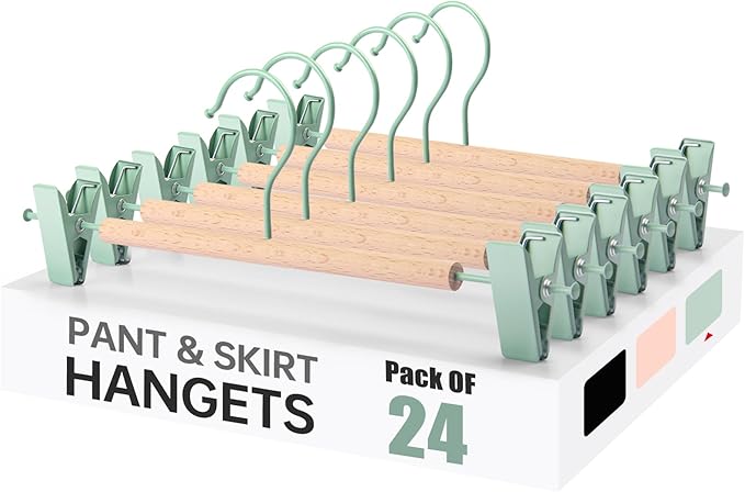 Wooden Pants Hangers with Clips 24 Pack, Heavy Duty Adjustable Clip Non Slip Skirt Hanger for Jeans, Trousers, Short, Clothes, Space Saving Closet Organizer (Green, 24 Pack)