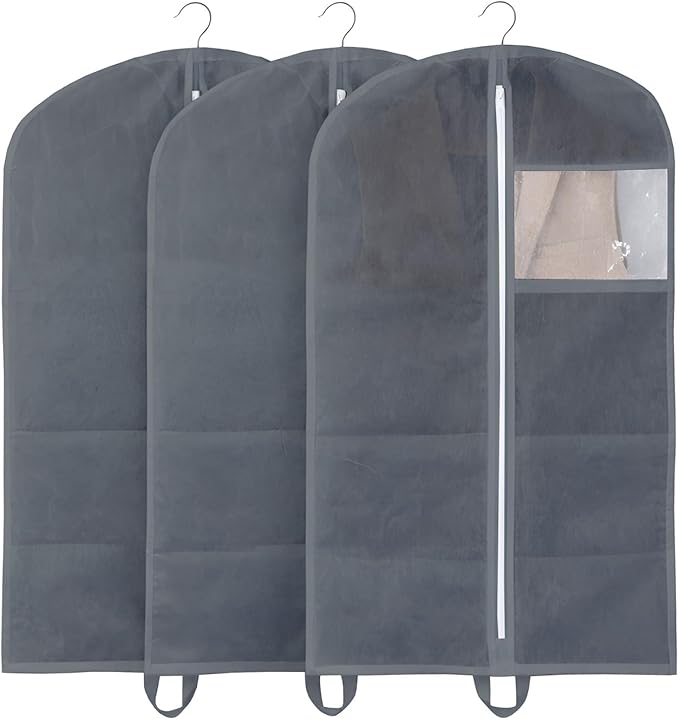 50" Garment Bags for Hanging Clothes, Pack of 3 Suit & Dress Covers for Storage and Travel, Long Gown Bags with Zipper, Dark Grey